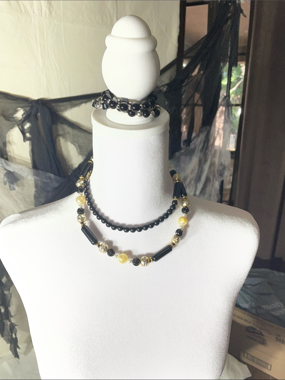 Black and Gold Beaded Layered Necklace and Bracelet Set